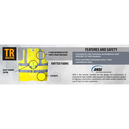 Tr Industrial Yellow High Visibility Reflective Class 2 Safety Vest, XXL, 5-pk TR88003-5PK